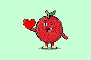 Cute cartoon Lychee character hold big red heart vector