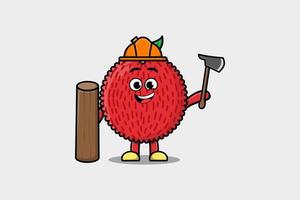 Cute cartoon Lychee as carpenter character with ax vector
