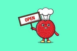 Cute cartoon Lychee character hold open sign board vector