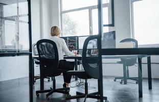 Female stockbroker in formal clothes works in the office with financial market photo