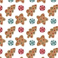 Pattern Christmas with gingerbread in the form of a Christmas tree and a star with sprinkles, red and green lollipops on a white background.