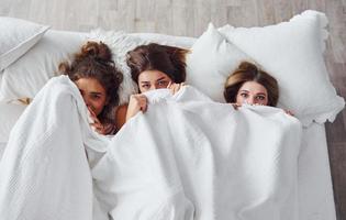 Hiding under the blanket. Happy female friends having good time at pajama party in the bedroom photo