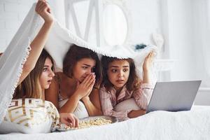 Watching scary movie. Happy female friends having good time at pajama party in the bedroom photo