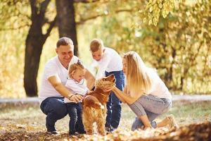 Cheerful young family with dog have a rest in an autumn park together photo