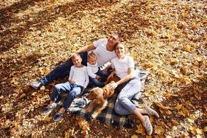 Top view of cheerful young family that have a rest in an autumn park together photo