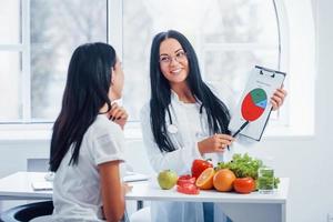 nutricionista femenina con gráfico da consulta al paciente en el interior de la oficina foto