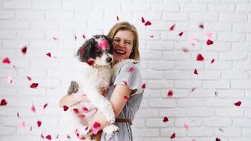 Valentinstag. junge frau, die ihren hund in ihren armen hält und auf das fallende herzförmige konfetti blickt video