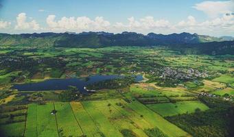 Picture from the highest point of Wat Khao Sam Yot.  Phu Pha Man District  Khon Kaen province with the sky, rice fields, mountains surrounding the countryside in Thailand. photo