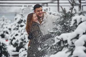 Young cute couple walking outdoors near fresh christmas fir trees photo