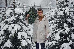 Young handsome man carrying fresh cutted fir tree outdoors photo