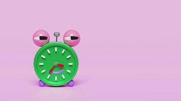 personaje de dibujos animados reloj despertador verde hora de despertarse por la mañana con espacio aislado sobre fondo azul. concepto de animación 3d video