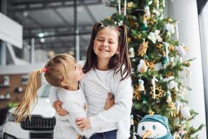 Two cute little girls standing near car and christmas tree at new year time photo