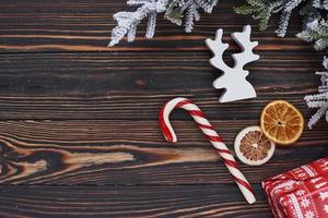 Sweet stick. Top view of christmas festive frame with new year decorations photo