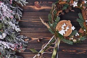 Cute cookie. Top view of christmas festive frame with new year decorations photo