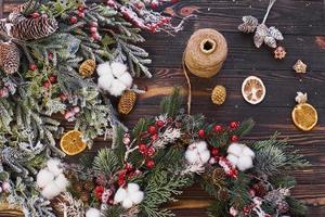 Top view of christmas festive frame with new year decorations photo