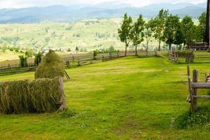 Field with haystack on mountains photo