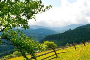 Field with haystack on mountains photo