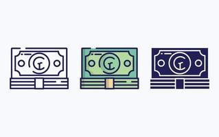 billete de moneda, línea de dinero e icono de glifo, ilustración vectorial vector