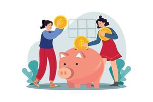 Woman puts money in a piggy bank vector