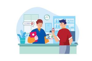 Pharmacy worker giving medicine to man vector