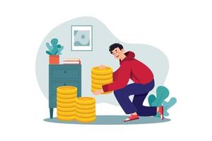 Man carries a stack of coins Illustration concept. A flat illustration isolated on white background vector