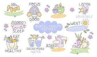 The concept of mental health and psychology. Daily routine, fresh food, hobbies, fitness, relaxation, sleep, plenty of water. Set of vector illustrations isolated on white background.