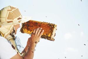 hay que tener cuidado apicultor trabaja con panal lleno de abejas al aire libre en un día soleado foto