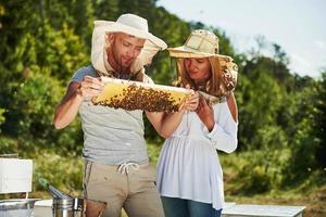 Two beekeepers works with honeycomb full of bees outdoors at sunny day. Man and woman photo