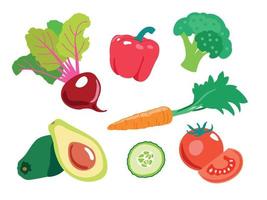 conjunto de verduras. aguacate, pimiento, pepino, tomate, brócoli, zanahoria, remolacha. ilustraciones vectoriales de moda para el sitio web de la tienda vector