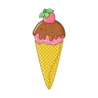 Pink ice cream in a waffle cone with chocolate glaze and strawberry. Bright summer sweet food. Delicious frozen dessert. Vector colored doodle Hand drawn illustration isolated on white. Cartoon style