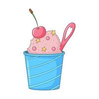 Pink Ice cream with sprinkles, cherry and cute spoon in a bucket. Dairy cold dessert. Seasonal sweet food. Colored doodle hand drawn Vector illustration isolated on white background. Cartoon style