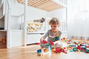 Cute little boy sitting and have fun indoors in the bedroom with plastic construction set. Cat at background photo