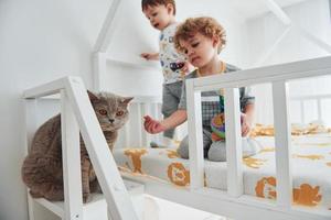 dos niños pequeños descansan y se divierten juntos en el interior del dormitorio. gato acostado foto