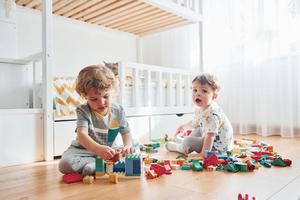 Two little boys have fun indoors in the bedroom with plastic construction set. Cat sits behind them photo