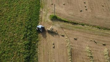 máquina de trator trabalhando em fardos de feno no campo da agricultura video