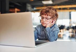 Smart child in casual clothes and in glasses using laptop for education purposes photo