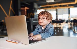 Smart child in casual clothes and in glasses using laptop for education purposes photo