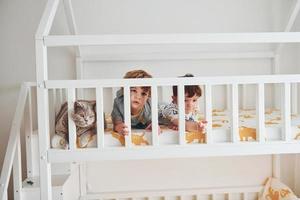 dos niños pequeños descansan y se divierten juntos en el interior del dormitorio. gato sentado cerca de ellos foto