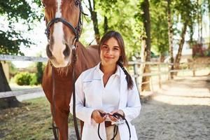 Front view. Female vet examining horse outdoors at the farm at daytime photo