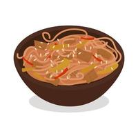 Soba buckwheat noodles with chicken and vegetables in a wok vector