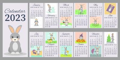 diseño de calendario divertido para 2023 con una imagen de color de conejo por mes con un carácter de color gris vector