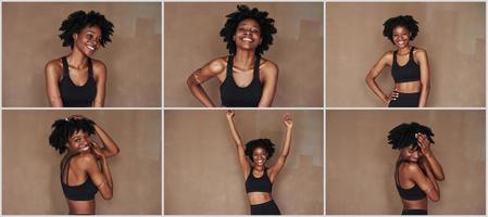 Feels great. Young beautiful afro american woman in the studio against brown background photo