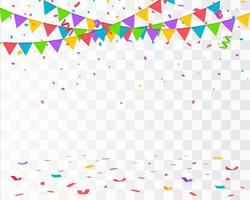 Falling confetti with flag garlands, birthday vector background