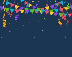 Falling confetti with flag garlands, birthday vector background