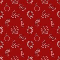 Christmas and New Year concept. Seamless pattern of bauble, mistletoe, champagne, wreath, bow, sphere. Perfect for wrapping, postcards, covers, fabric, textile vector