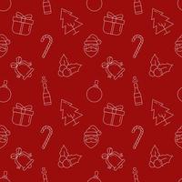 Christmas and New Year concept. Seamless pattern of sweet, present, tree, giftbox on red background. Perfect for wrapping, postcards, covers, fabric, textile vector