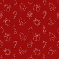 Christmas and New Year concept. Seamless pattern of sweet, present, tree, giftbox on red background. Perfect for wrapping, postcards, covers, fabric, textile vector