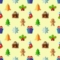 New Year, holiday, Christmas concept. Seamless pattern of bell, mistletoe, fireplace, ginger man, snowflake. Perfect for wrapping, postcards, covers, fabric, textile vector