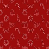 Christmas and New Year concept. Seamless vector pattern of tree, champagne, gift on red background. Perfect for wrapping, postcards, covers, fabric, textile