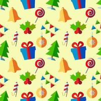 New Year, holiday, Christmas concept. Seamless pattern of bell, sweet, mistletoe, garland, fireworks, giftbox, tree. Perfect for wrapping, postcards, covers, fabric, textile vector